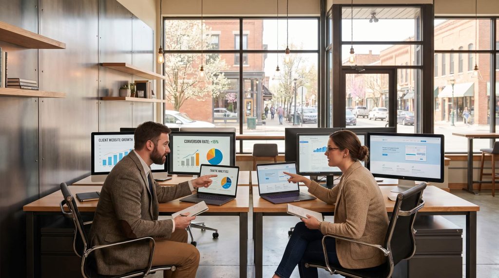 Tagzum digital agency team reviewing client website growth metrics, analytics dashboards, and web performance in a modern downtown office