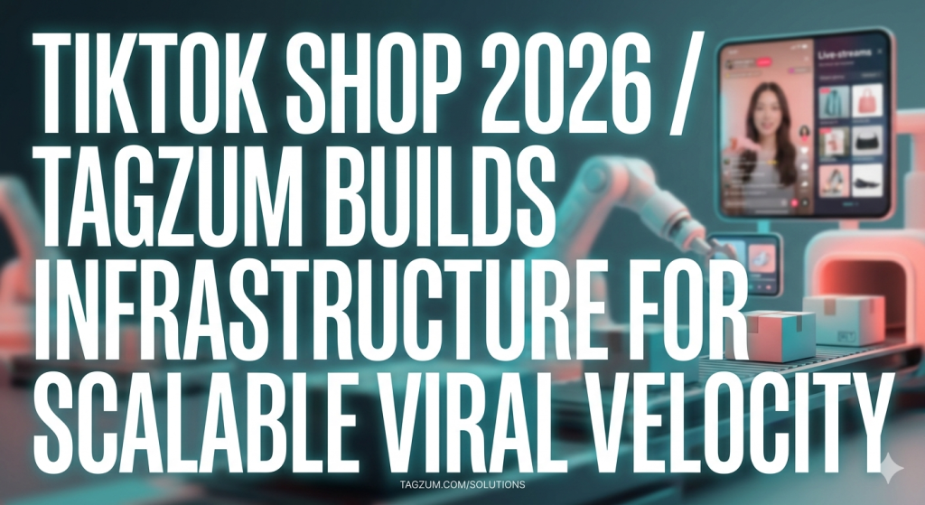 A poster of a robotic arm putting packages on a conveyor belt with huge white font overlaying it that says - TikTok Shop 2026 / Tagzum Builds Infrastructure for Scalable Viral Velocity